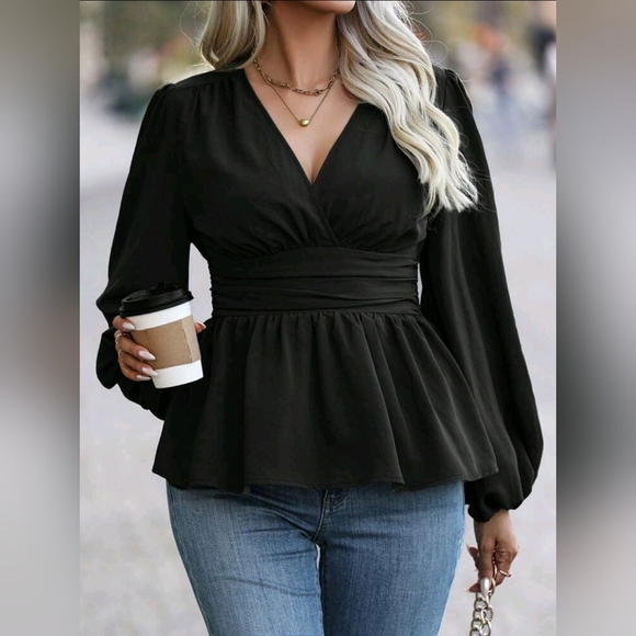 NEW Chic Ruched Waist Lantern Sleeve Peplum Top Blouse Plus Black - Picture 5 of 7